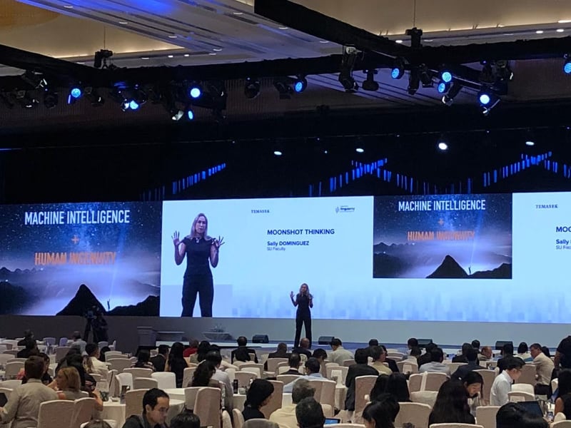 Sally Dominguez on stage in front of a screen reading “Machine intelligence + human ingenuity”